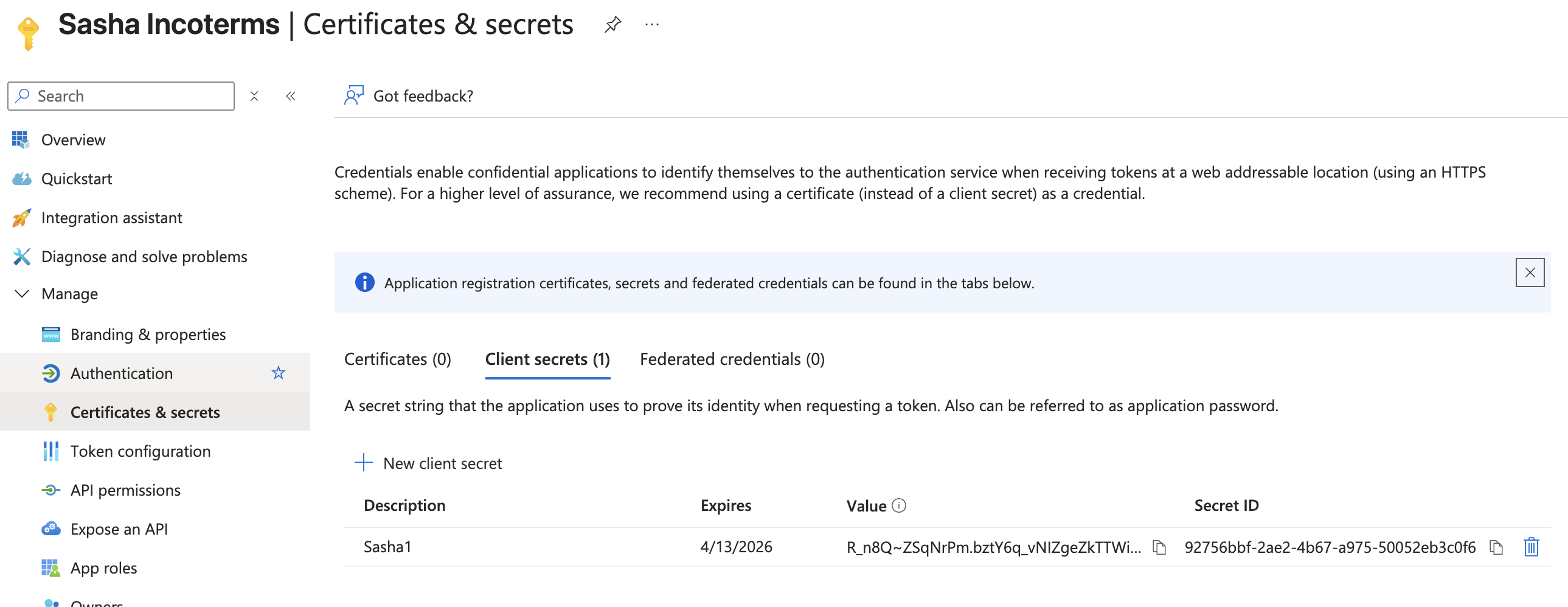 Azure Certificates & secrets page showing client secret configuration