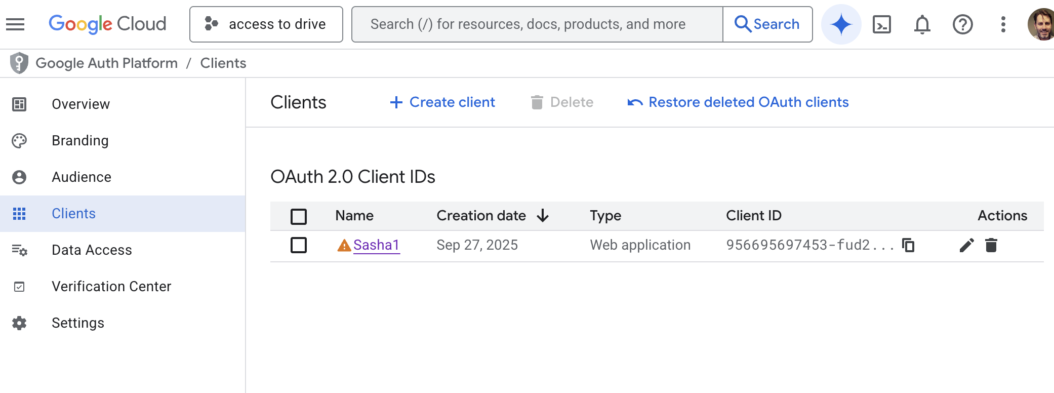 Google OAuth client created successfully showing Client ID and Secret