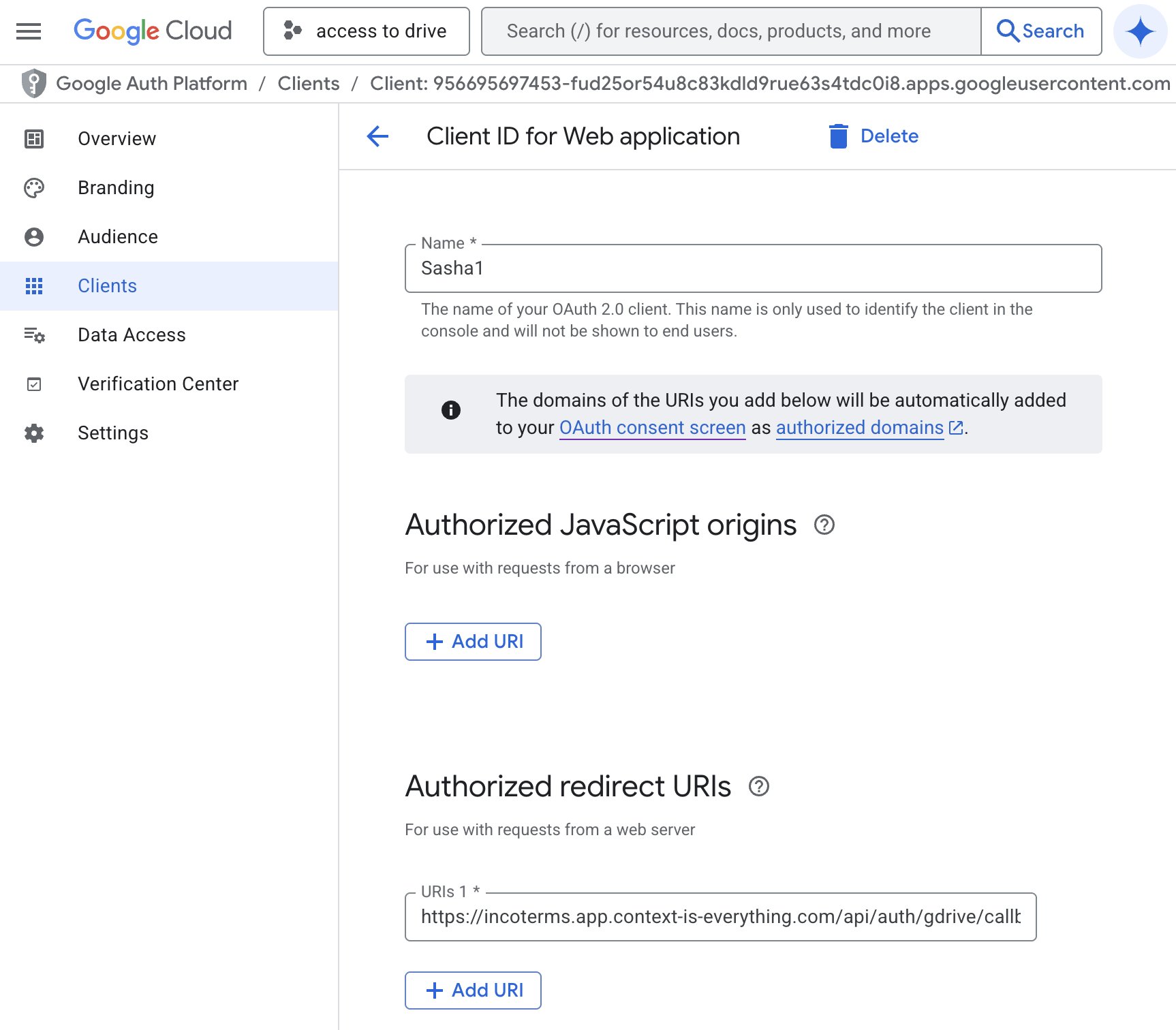 Google OAuth consent screen configuration